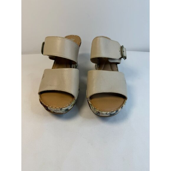 Born Wedge Sandal Womens Size 7M Off White Leather Floral Print Open Toe Shoes - Picture 2 of 12